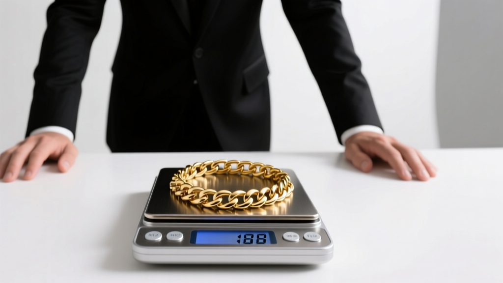 Digital scale weighing an 18k gold Cuban link necklace, next to a jeweler's loupe and blurred acid testing bottles on a dark desk.