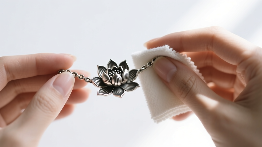Hands gently polishing a tarnished sterling silver lotus chain with a microfiber cloth, revealing the bright underlying metal