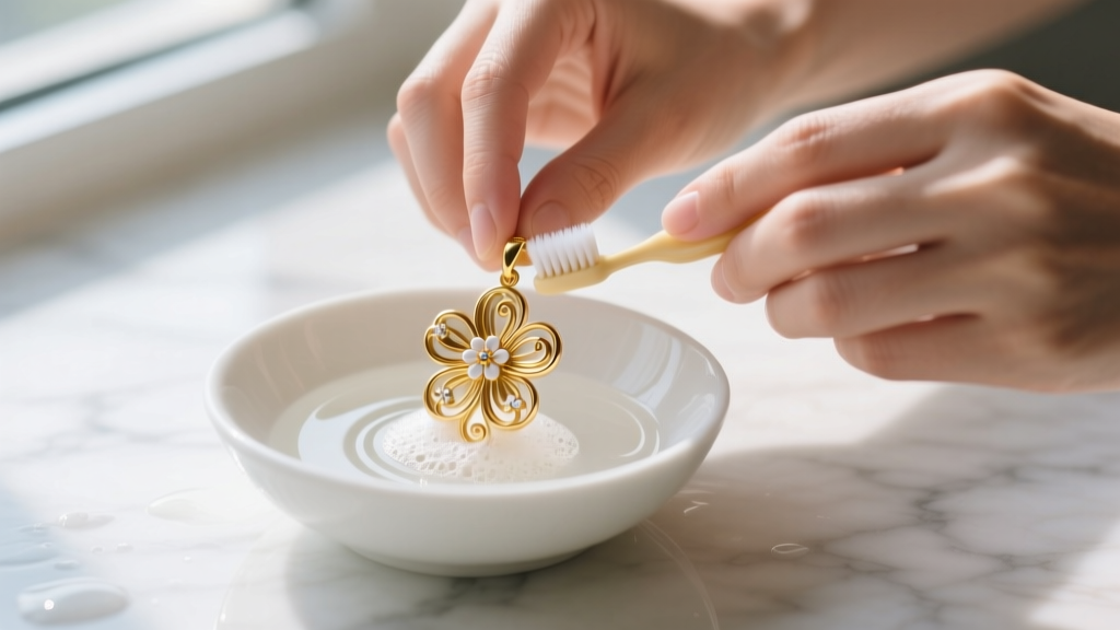 Hands gently cleaning a delicate gold floral pendant with a soft baby toothbrush and soapy water in a small white ceramic bowl