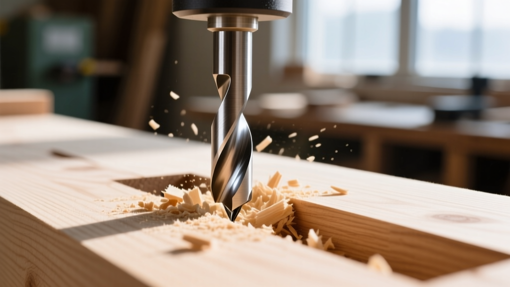 Close-up of a diamond-tipped compression router bit clearing wood chips from a deep mortise in white oak timber