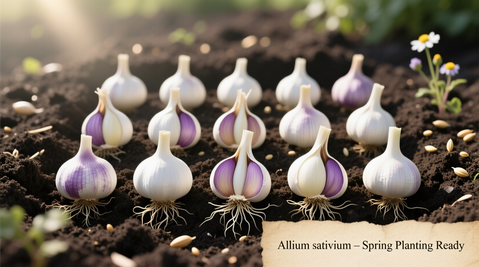Garlic cloves ready for spring planting in garden soil