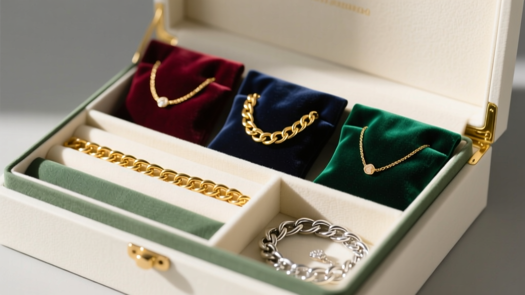 Neatly organized jewelry storage box with anti-tarnish cloth strips, individual velvet pouches, and coiled gold and silver chains.