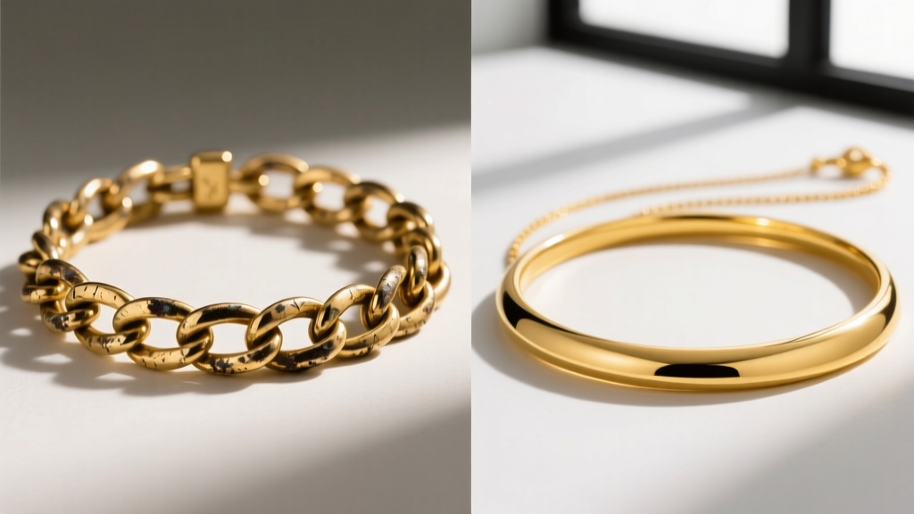 Side-by-side macro comparison of a tarnished gold vermeil choker chain and a pristine solid 14k yellow gold 12-inch necklace