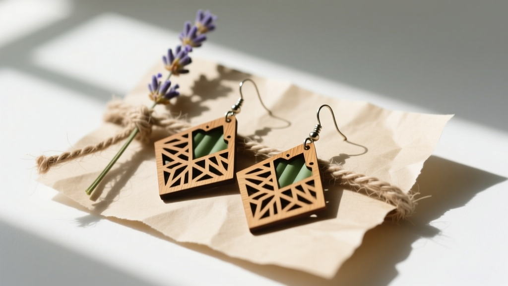 Laser cut bamboo earrings on recycled seed paper, tied with hemp string and a dried lavender sprig in soft natural window light