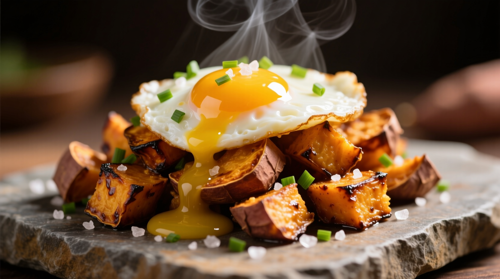 Crispy sweet potato hash with runny egg topping