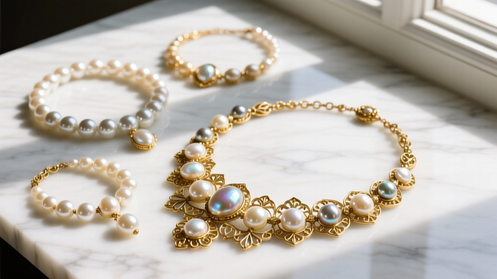 Overhead flat-lay of assorted mid-century Miriam Haskell baroque pearl and Russian gilt filigree necklaces on a marble surface.