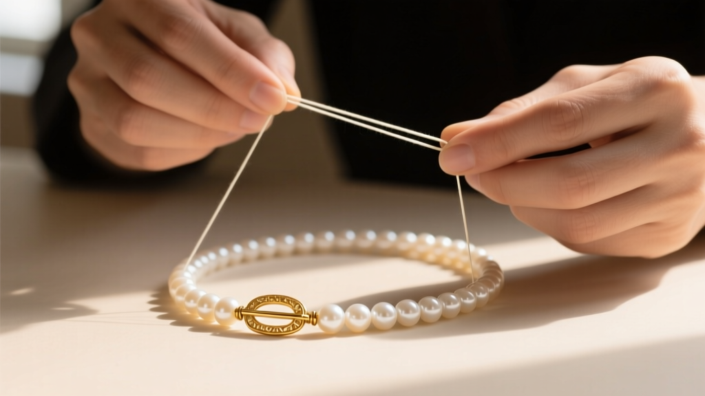 Jeweler restringing a white pearl necklace on ivory silk thread with traditional French wire tips near a gold clasp