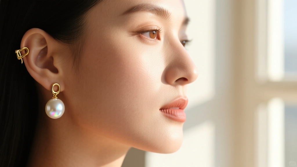Profile of a woman wearing a 12mm white pearl drop earring on a gold leverback, highlighting bright luster against her warm skin.
