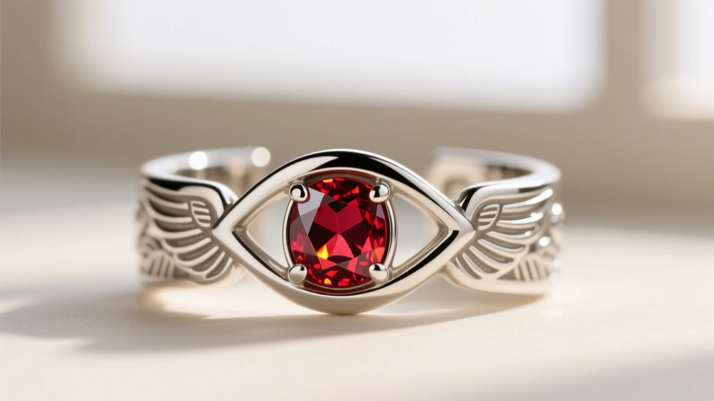 Macro shot of a 20-gauge sterling silver Sheikah Eye ear cuff with a synthetic ruby, highlighting the polished metal finish.