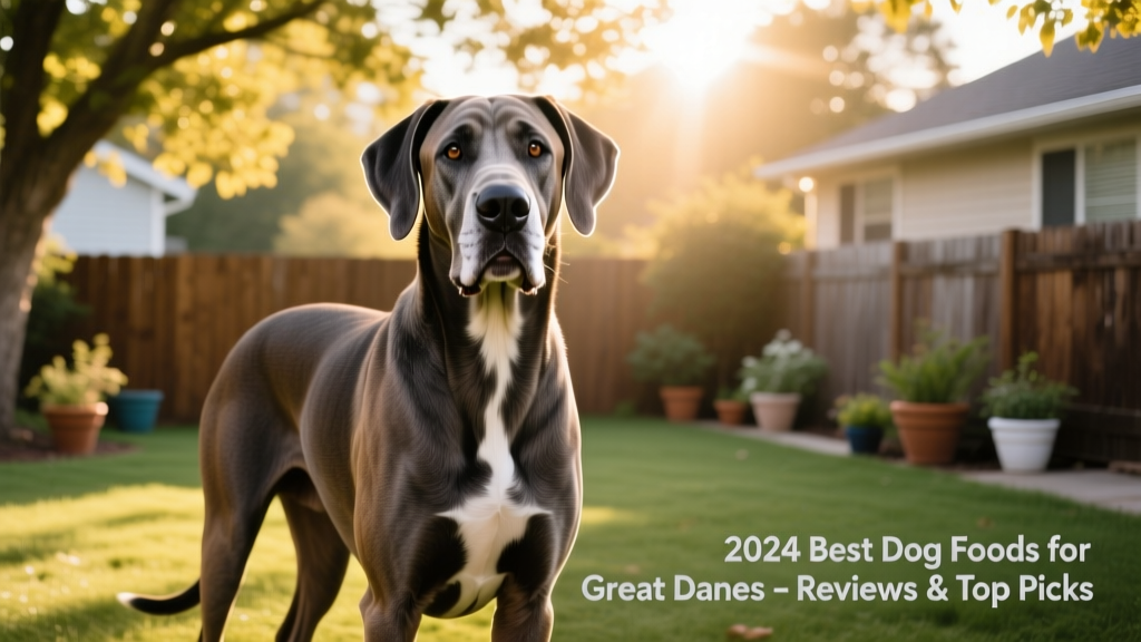 A majestic adult Great Dane standing confidently in a sunlit backyard