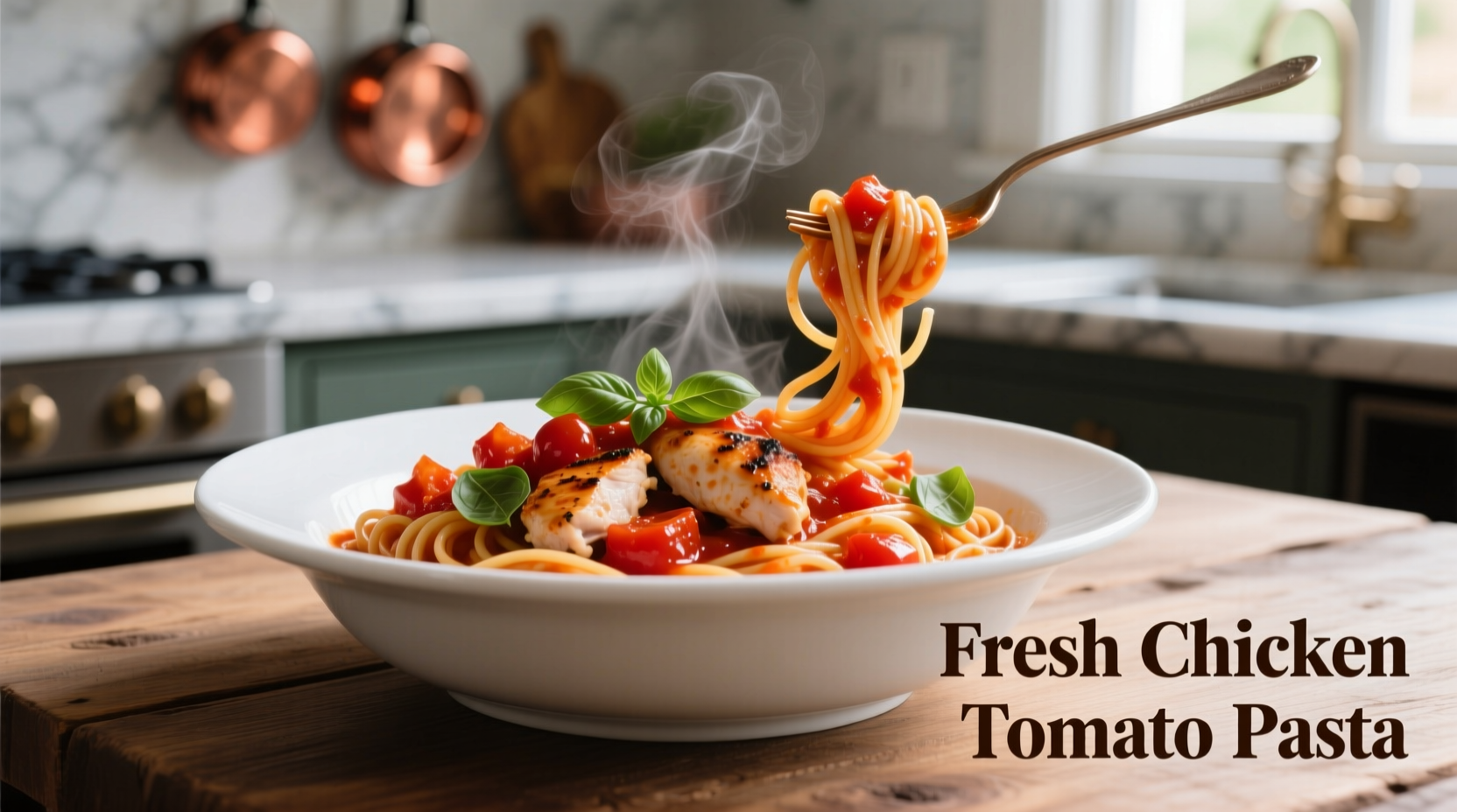 Fresh chicken tomato pasta in white bowl