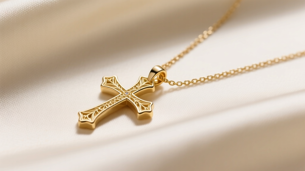 14k solid gold sideways cross pendant on cream silk, showing horizontal orientation and a delicate 1.2mm box chain in soft light.