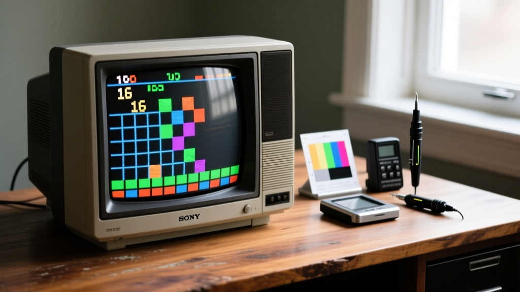 A vintage Sony PVM CRT monitor displaying a 16-bit game grid pattern alongside modern calibration tools on a wooden desk.