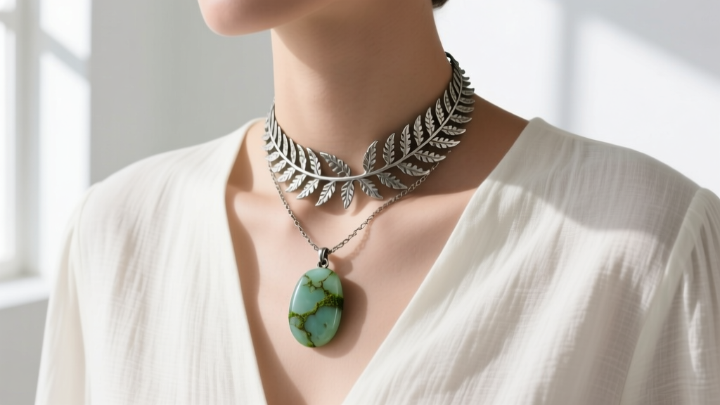 Oxidized silver fern choker layered with a raw moss agate pendant on a linen blouse, illuminated by soft natural window light.