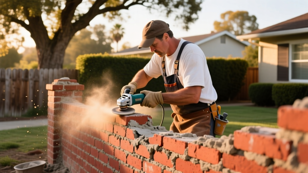 Mason using a grinder to remove deteriorated mortar from a historic red clay brick wall in a sunny Vacaville residential yard
