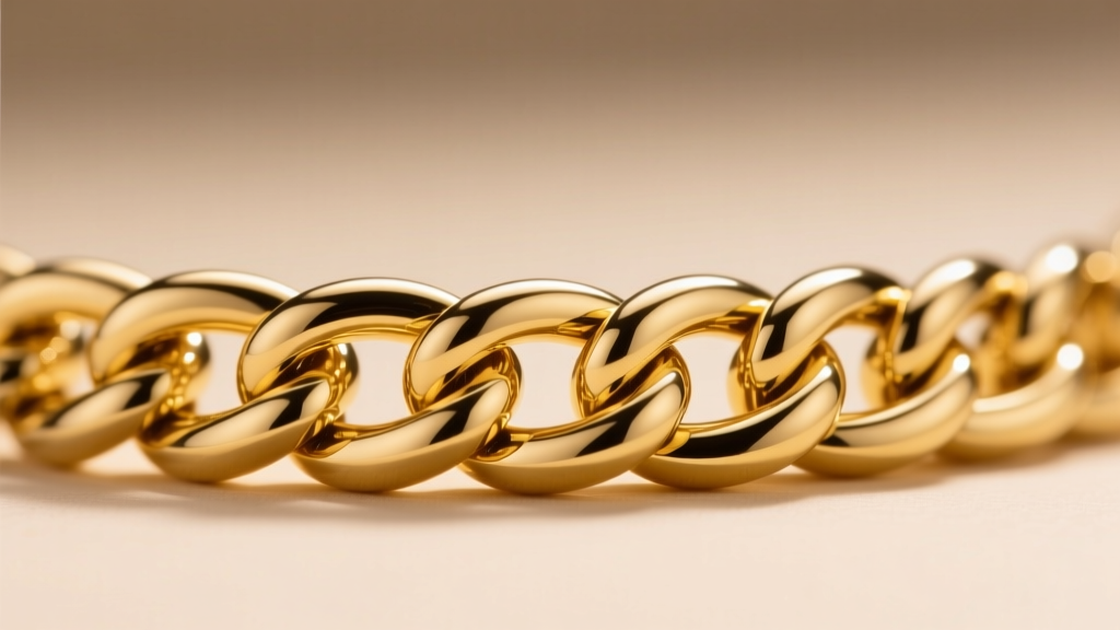 Macro photography of a solid 18k yellow gold Cuban link chain showing precise interlocking solder points and high polish finish