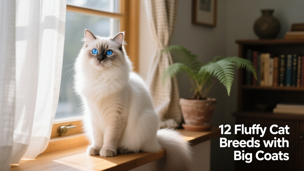 A relaxed Birman cat sitting on a sunlit windowsill, highlighting its silky coat, blue eyes, and gentle expression