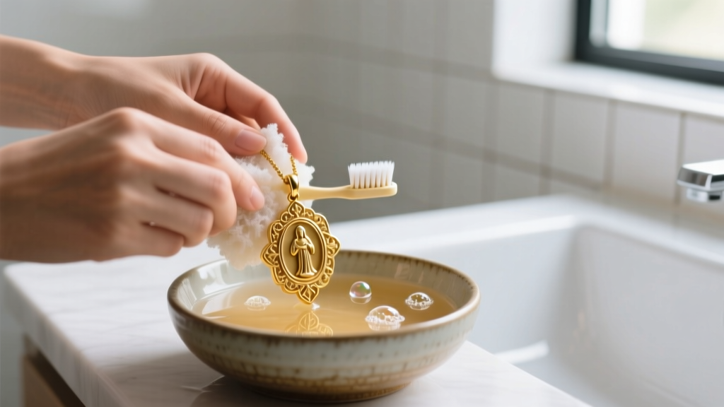 Hands gently scrubbing a gold religious pendant with a soft-bristled toothbrush in a small ceramic bowl of warm, soapy water.