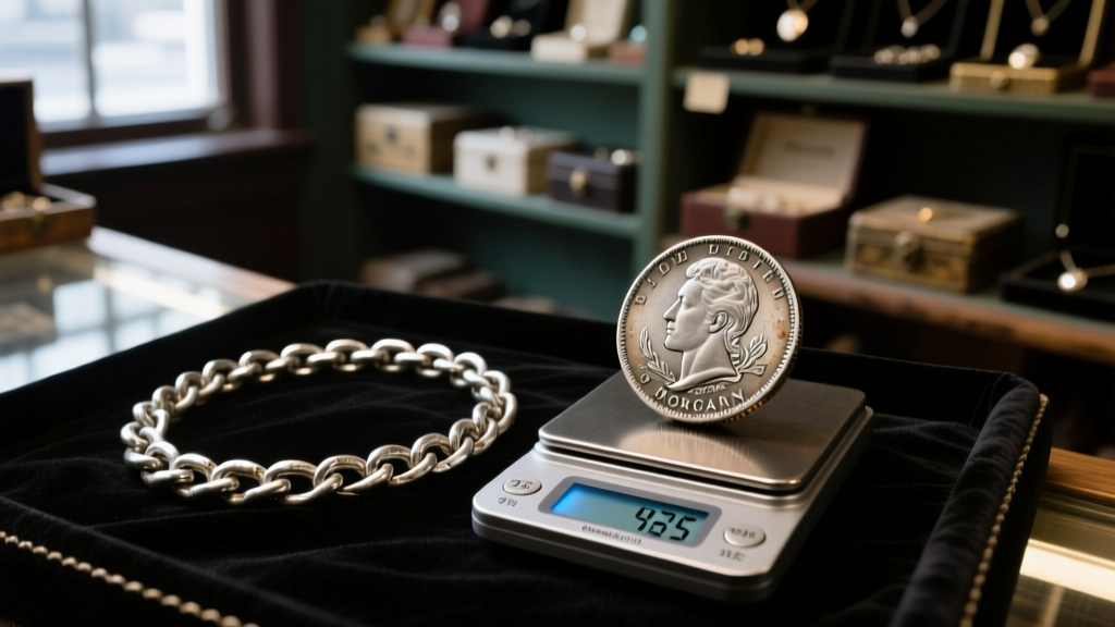 Digital scale weighing a tarnished 925 sterling silver chain next to a Morgan silver dollar coin on black velvet in a pawn shop.