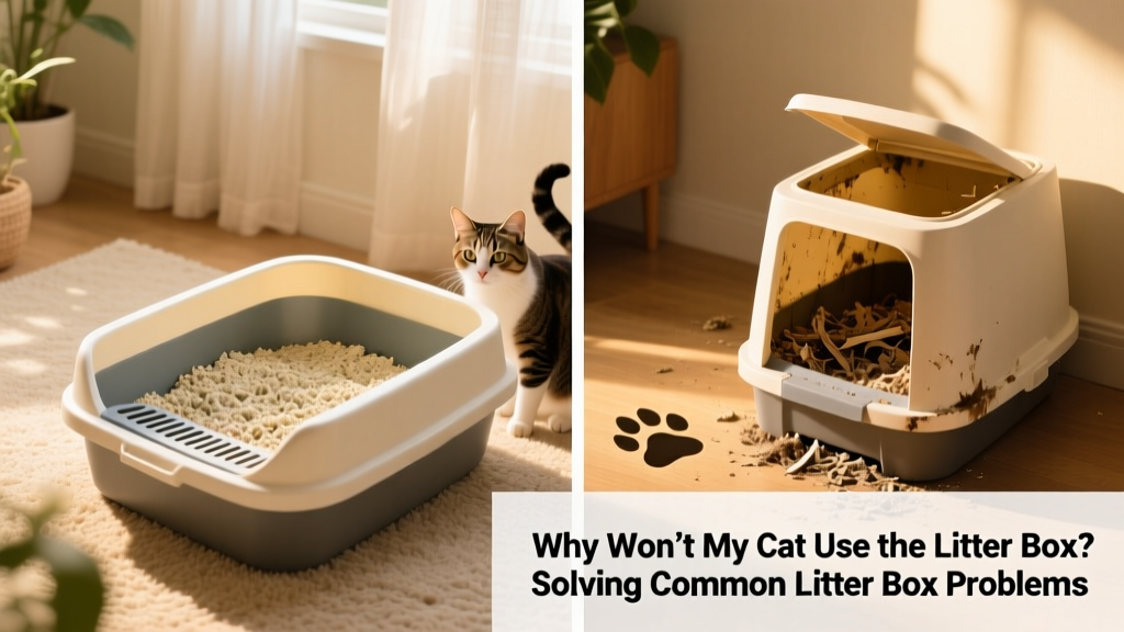 Side-by-side comparison of two litter boxes: one clean and spacious with unscented litter, one small and covered with soiled litter