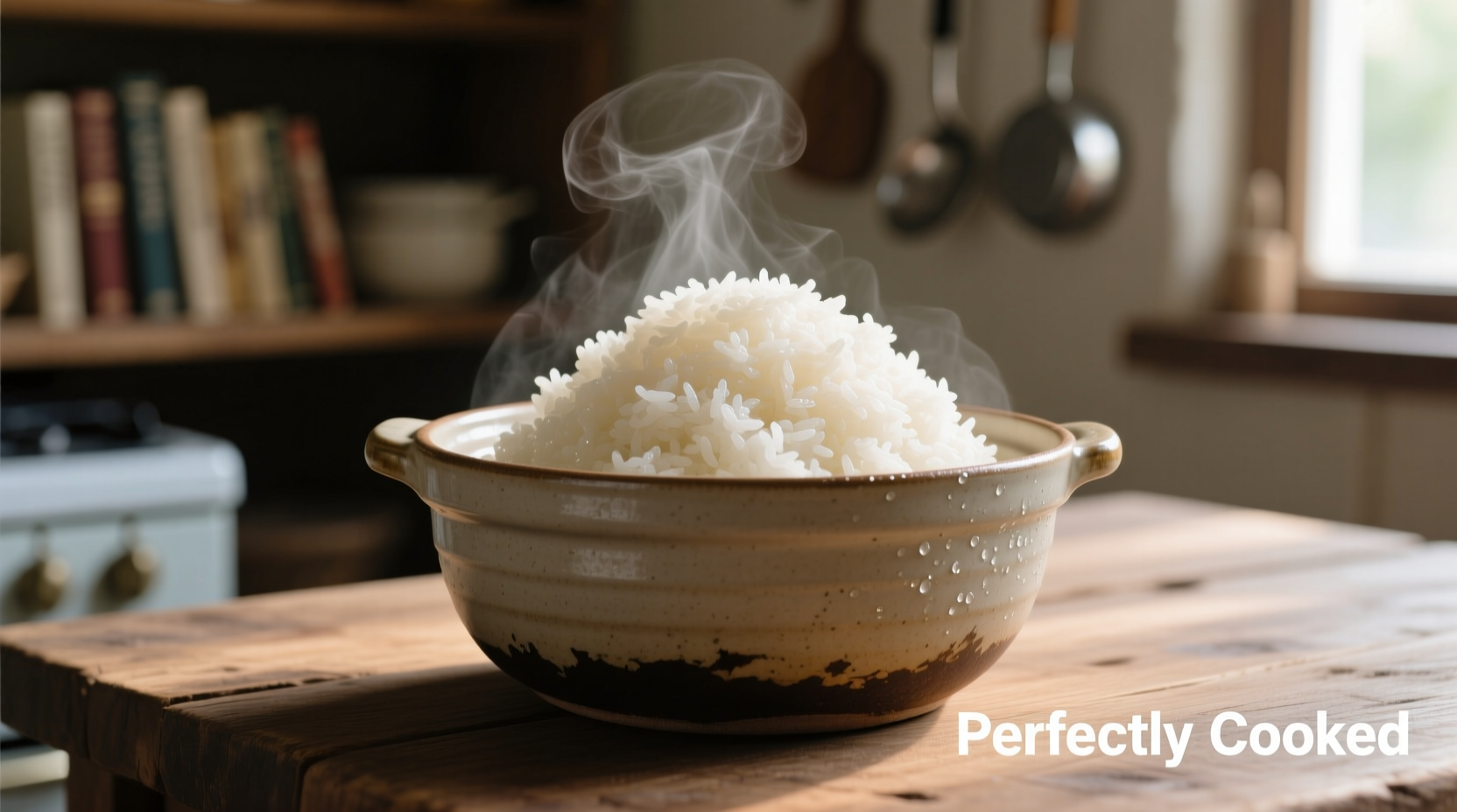Perfectly cooked fluffy white rice in a pot