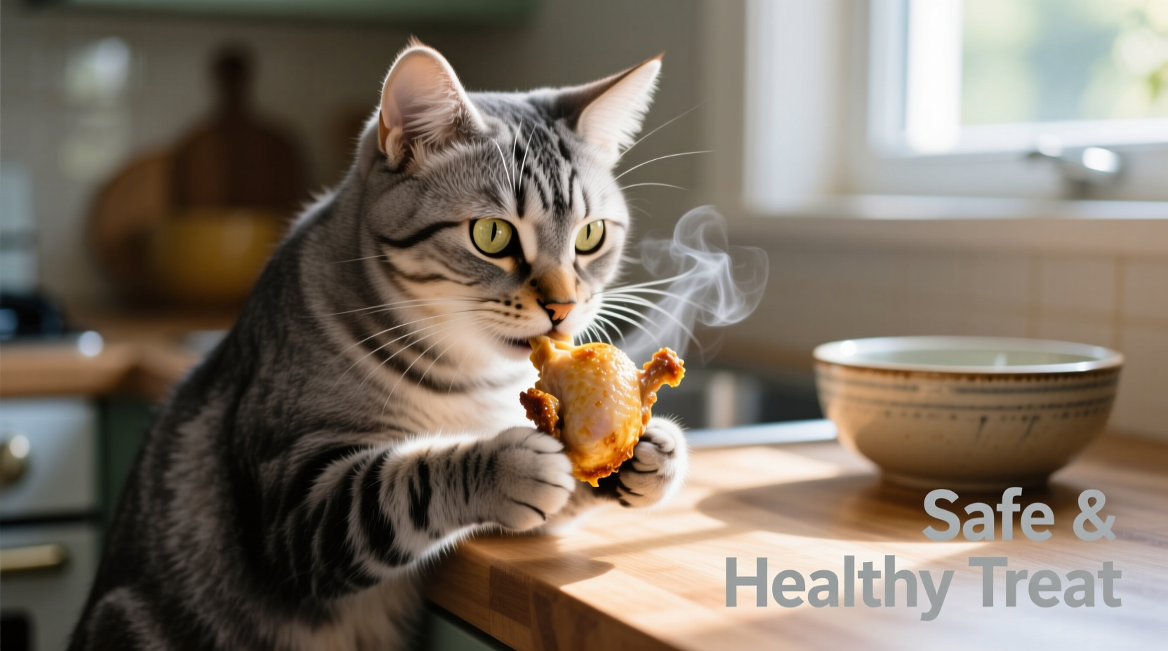 Cat safely eating small piece of cooked chicken