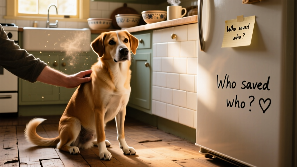 three-legged dog sitting in kitchen