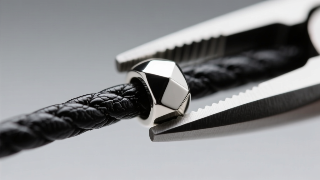 Close-up macro shot of a 1mm black leather cord secured with a 2x2mm sterling silver crimp bead using flat-nose jewelry pliers.