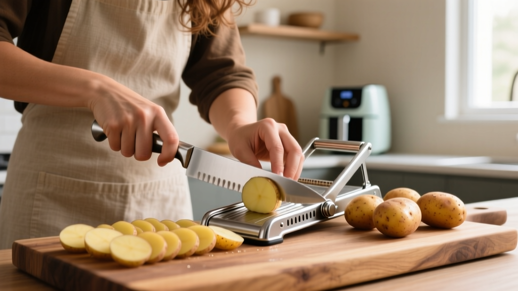 Home cook using stainless steel finger guard claw while slicing russet potatoes on a mandoline for air fryer french fries on a wooden butcher block