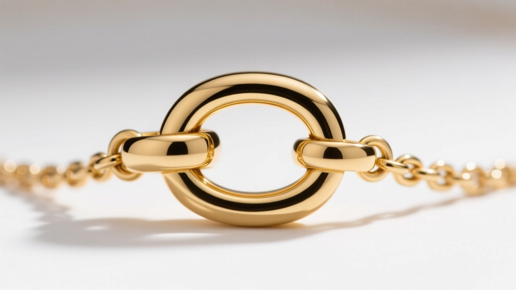 Macro shot of a 14k gold vermeil Harry Poupon necklace clasp showing thick gold plating and a securely soldered jump ring.