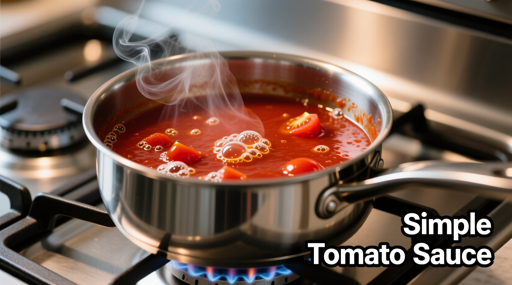 Simple tomato sauce simmering in stainless steel pot