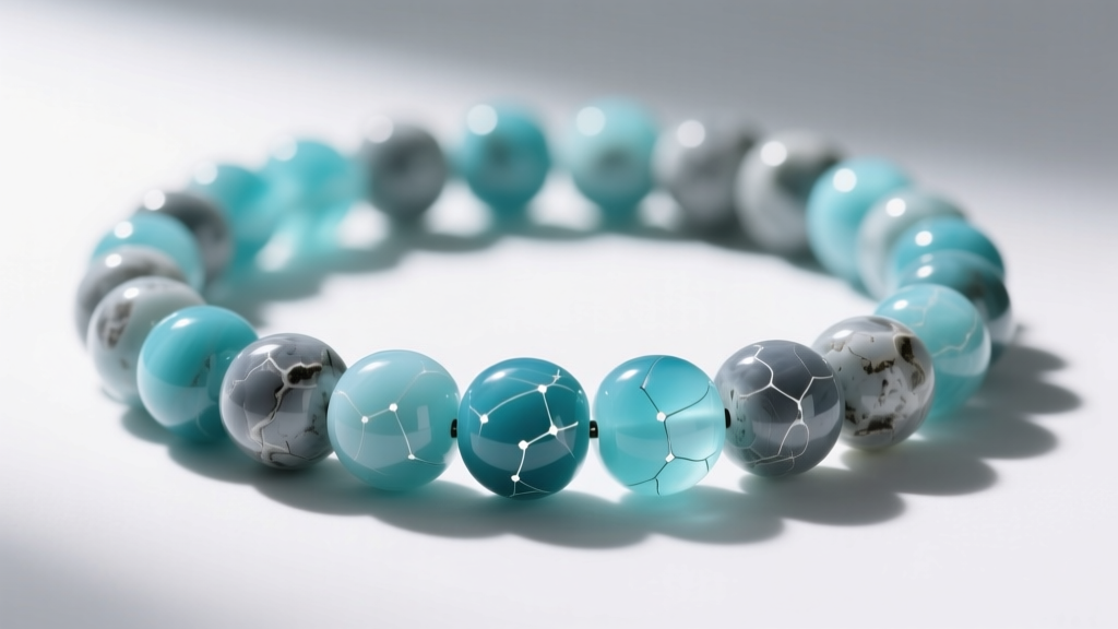 Macro photography of a dyed howlite bead necklace showing the natural grey matrix beneath the vibrant turquoise blue dye finish