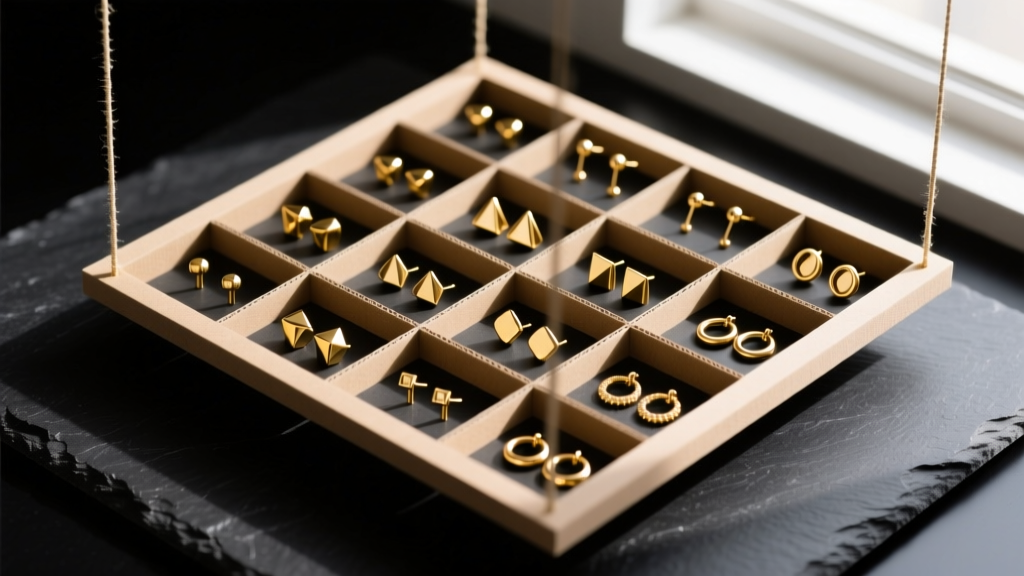 Top-down view of a DIY foam-core grid holding various 20-gauge gold stud earrings and small huggies on a dark slate surface.