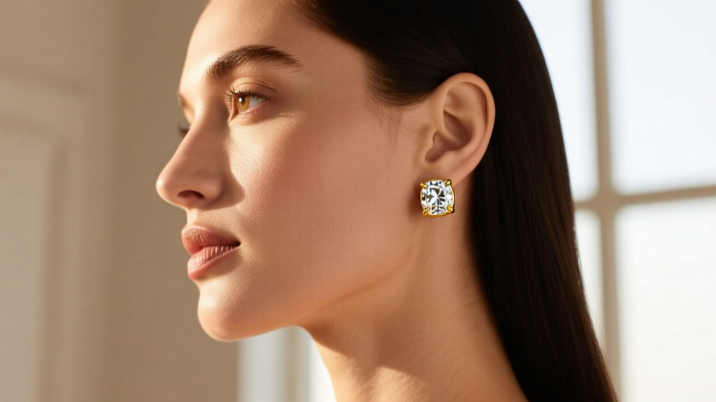 Profile view of a woman wearing 3mm diamond bezel earrings in 14k yellow gold, highlighting subtle sparkle against warm skin