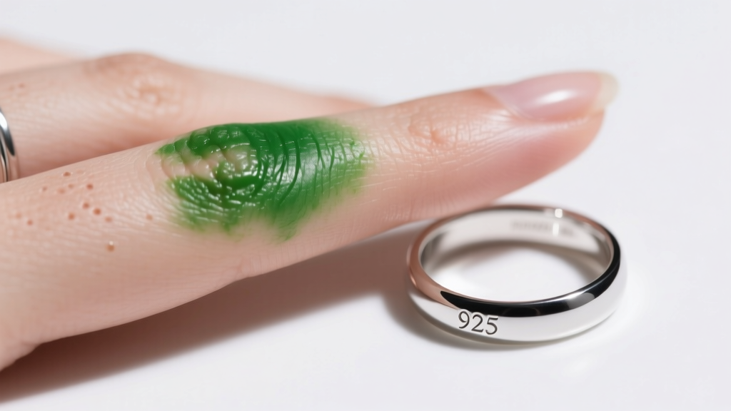 Green skin stain on a finger after removing a 925 silver ring, with the polished band resting nearby in bright clinical lighting.