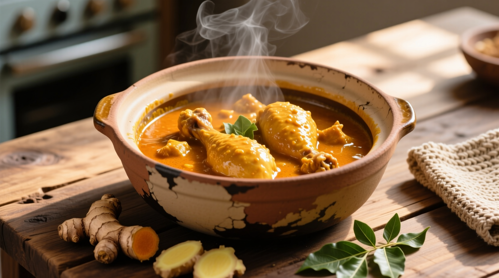 Golden curry chicken simmering in clay pot