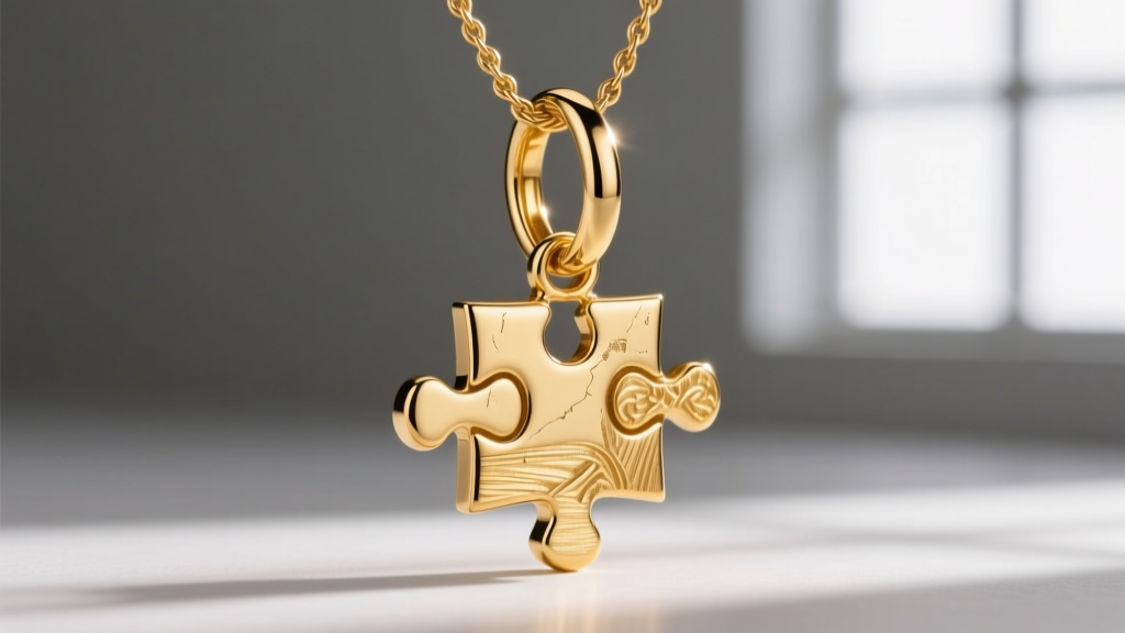 Macro shot of a 14k gold-filled jump ring connecting a puzzle piece pendant to a 1.2mm cable chain, sharp focus on metal texture.