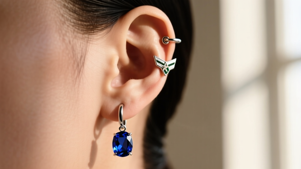 Side view of an ear showing unauthorized military jewelry, a silver cartilage hoop, and a large dangling gemstone stud earring.