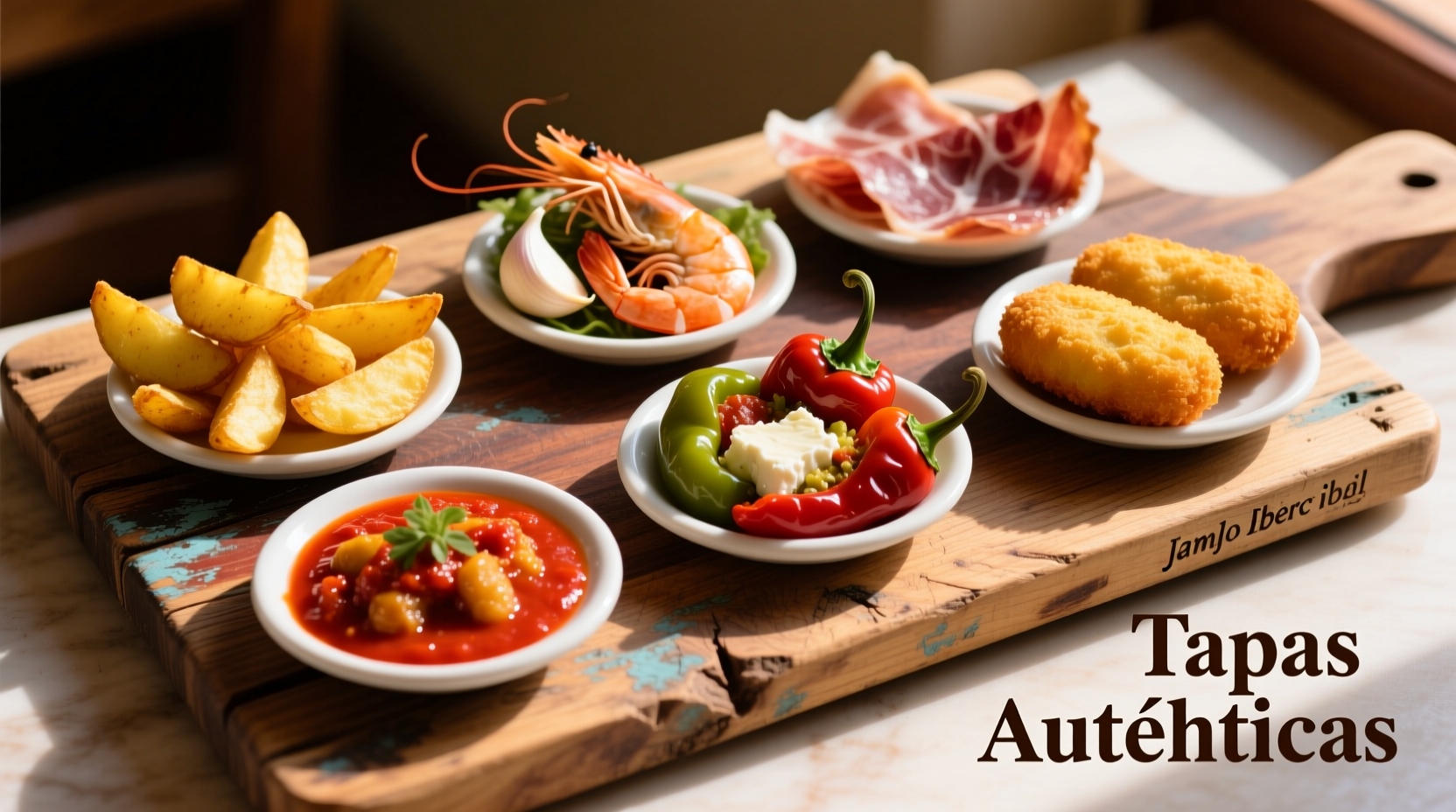 Colorful assortment of authentic Spanish tapas on wooden boards