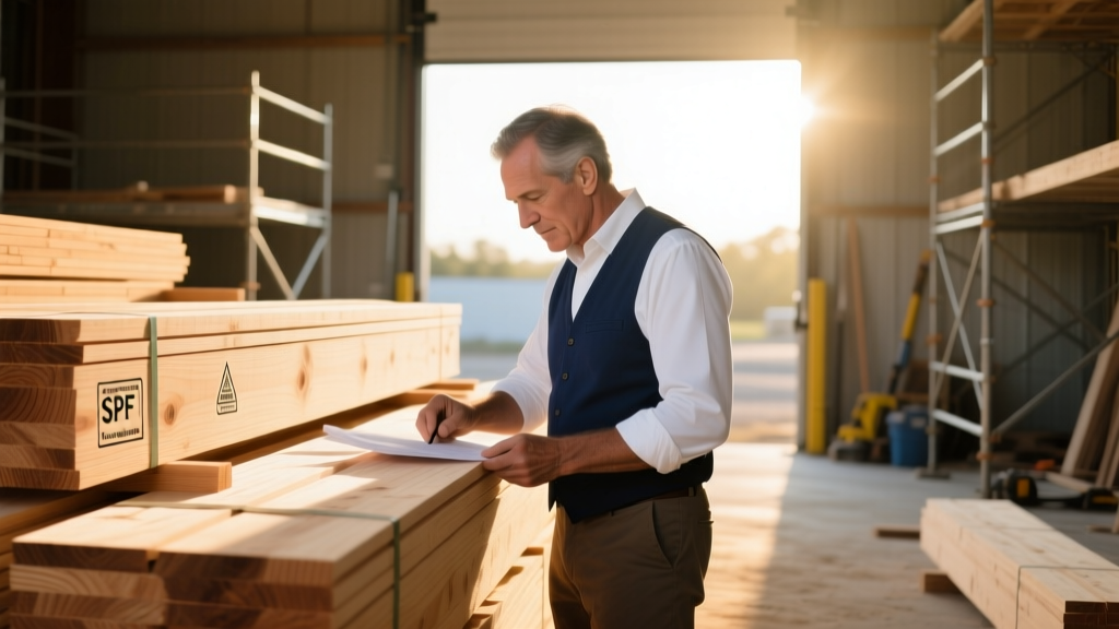 Architect reviewing grade stamps on stacked Douglas Fir and SPF framing packages at a residential construction site in morning light