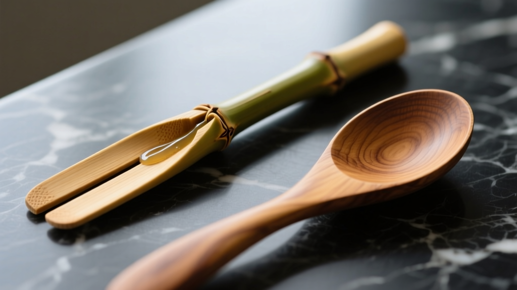 Macro comparison of split bamboo utensil showing glue lines next to a seamless one-piece carved olive wood spoon on a dark marble countertop