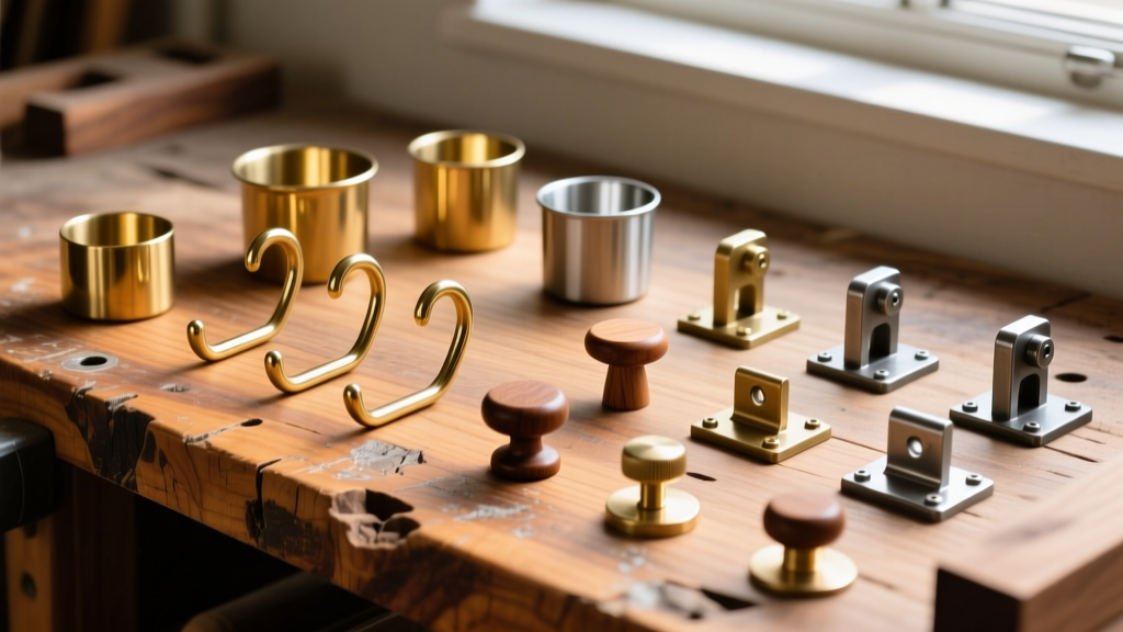 Assorted brass and stainless steel cup hooks, wooden knobs, and mounting brackets laid out on a rustic walnut workbench surface.