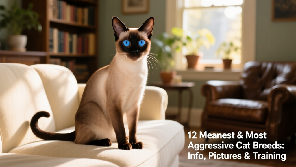 Siamese cat sitting calmly on a couch, alert and expressive
