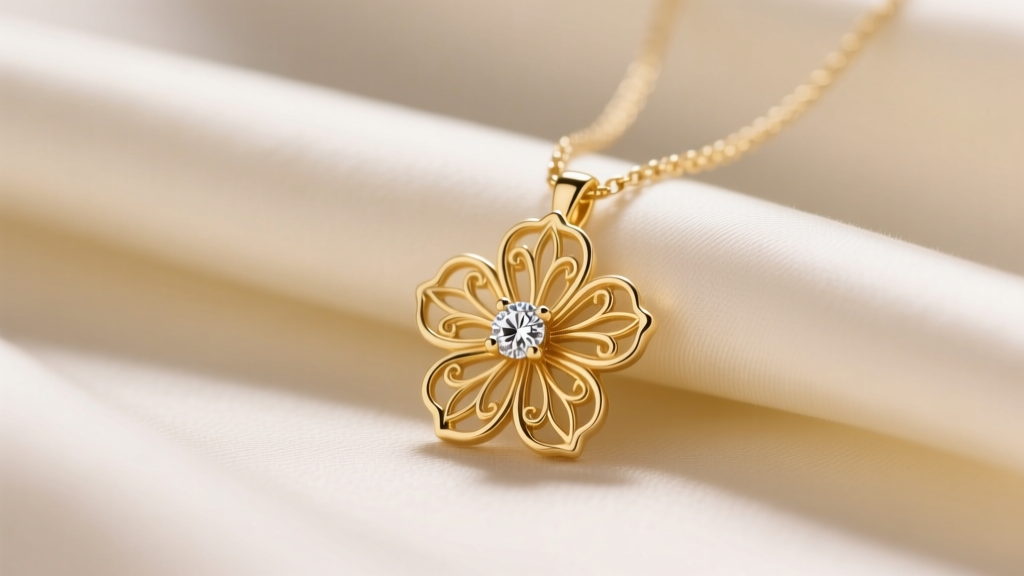 A 14k yellow gold floral necklace pendant with filigree petals and diamond center resting on cream silk in soft light.