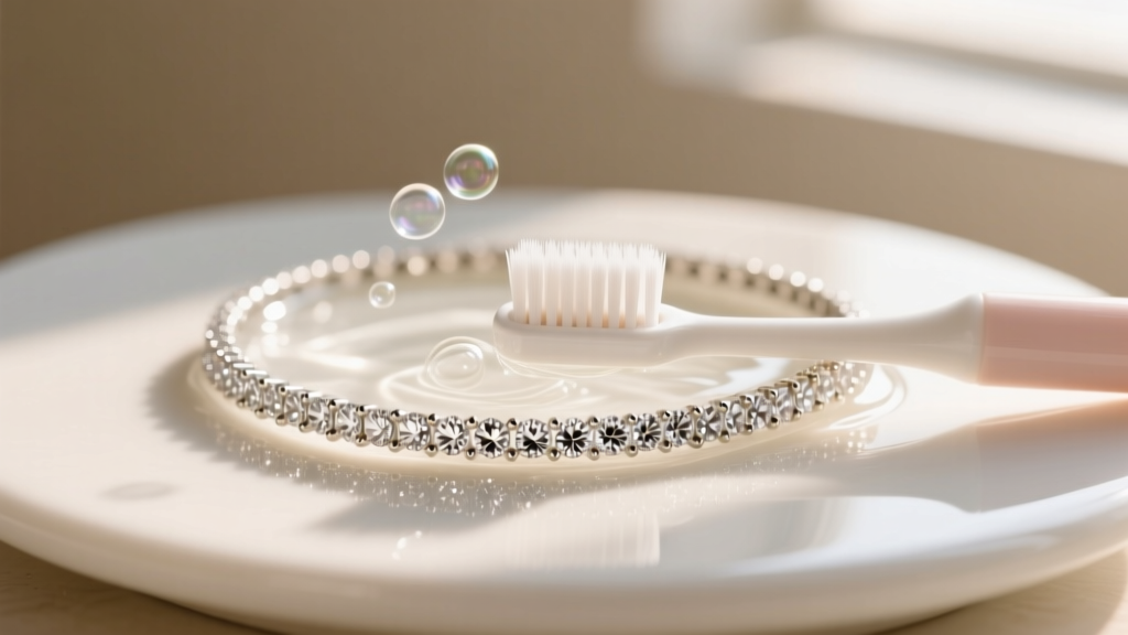 Soft baby toothbrush gently scrubbing the micro-pave halo setting of a white gold diamond necklace in warm soapy water