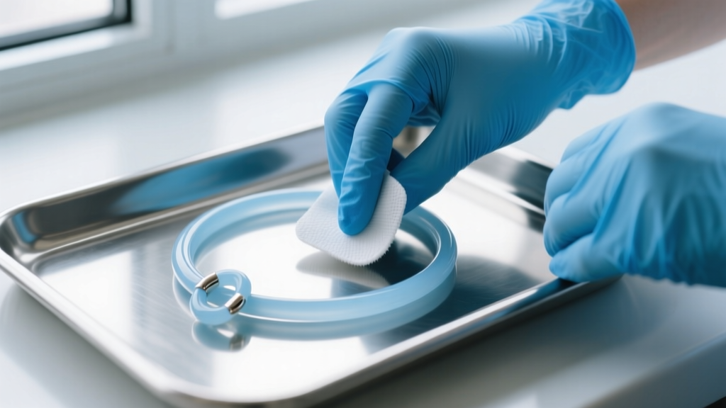 Hands in blue nitrile gloves wiping a silicone kink necklace with an alcohol pad, placed on a clean stainless steel medical tray