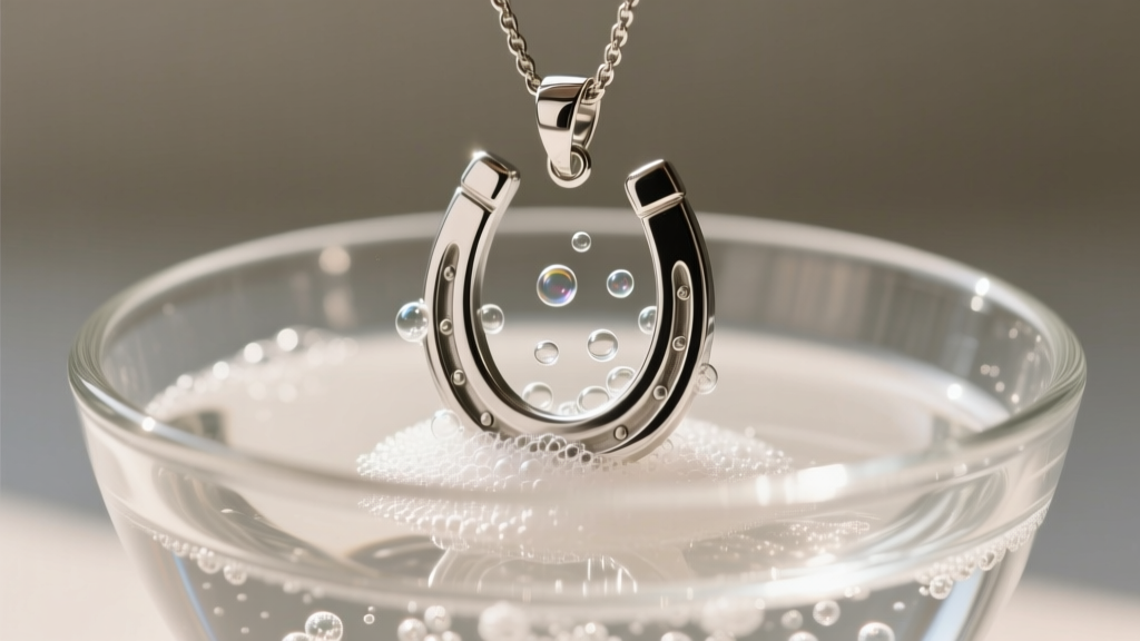 Silver horseshoe pendant in a glass bowl of baking soda solution, with tiny cleaning bubbles forming on the polished metal surface.