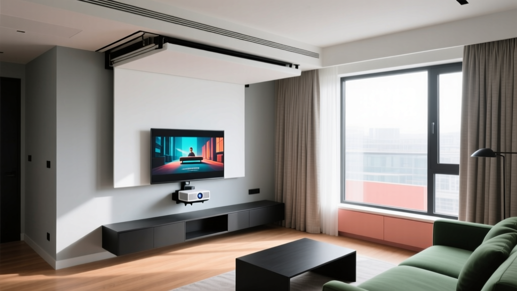 Modern micro-apartment living room featuring a motorized hidden bed system and a compact 4K laser projector replacing a traditional television setup.