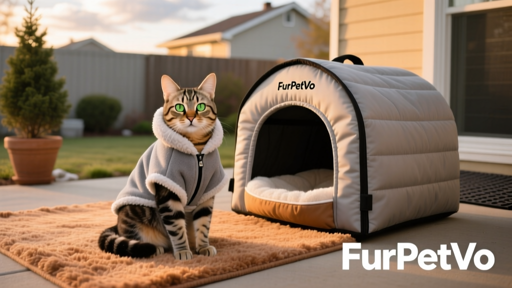 A tabby cat wearing a soft gray fleece-lined cat coat, sitting calmly beside a heated cat bed and insulated outdoor shelter labeled 'FurPetVo'