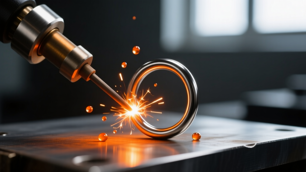 Macro shot of a micro-TIG welder fusing a 22ga stainless steel jump ring, showing a tiny bright orange spark in a dim studio.